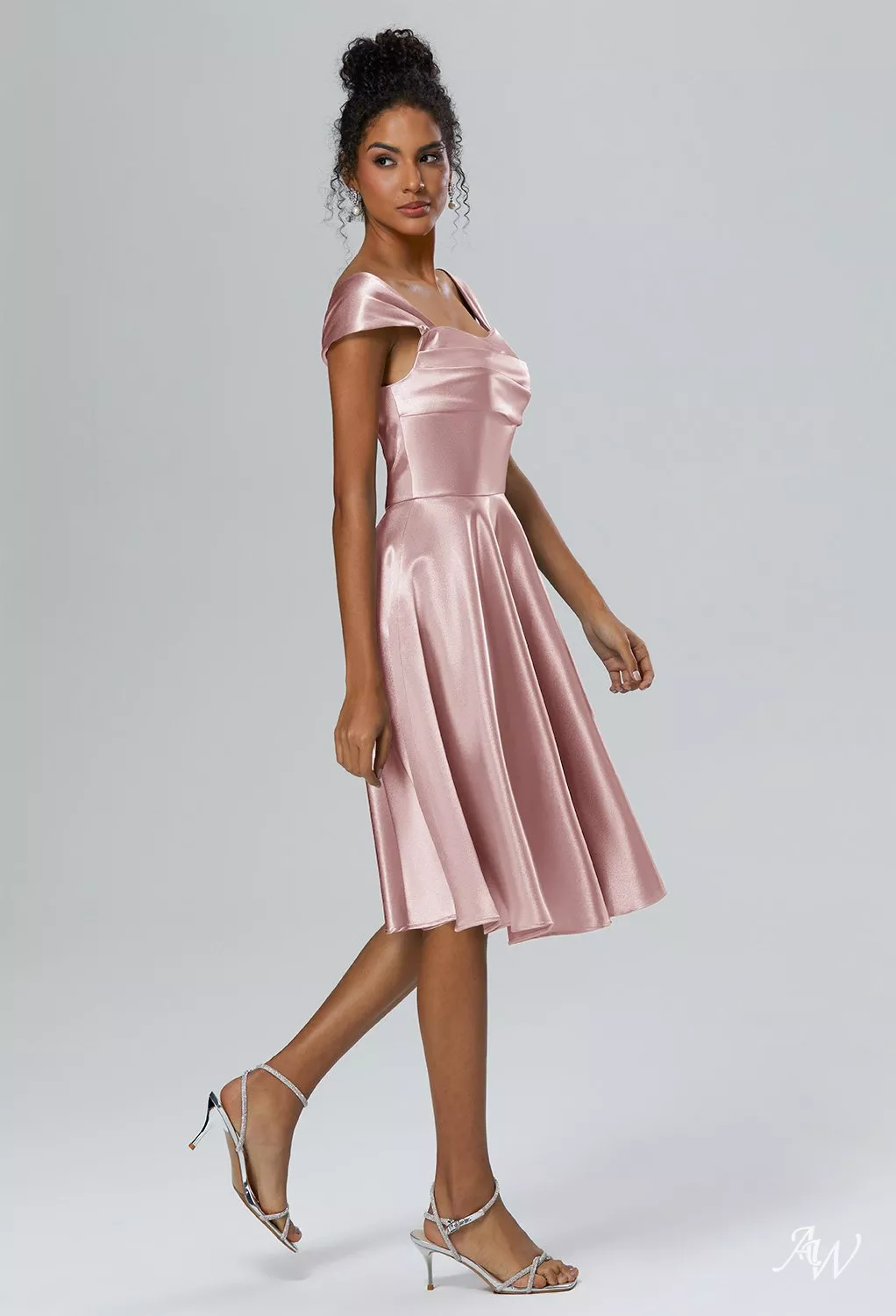 AW Yasmin Dress, Dark Navy Crystal Satin Satin Charmeuse Knee